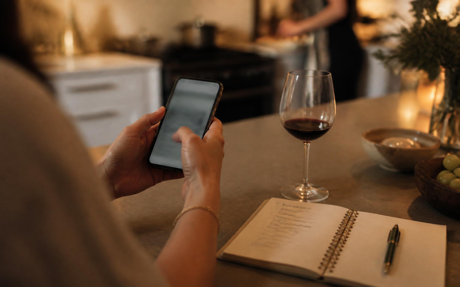 Curate, confirm, celebrate — Host planning a private dinner booking on a phone at a kitchen island with a guest list notebook