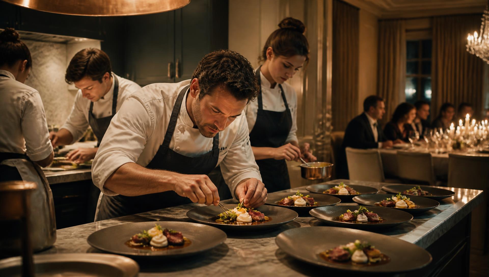 Sous Chef vertical — Private chef plating a course in a professional kitchen pass