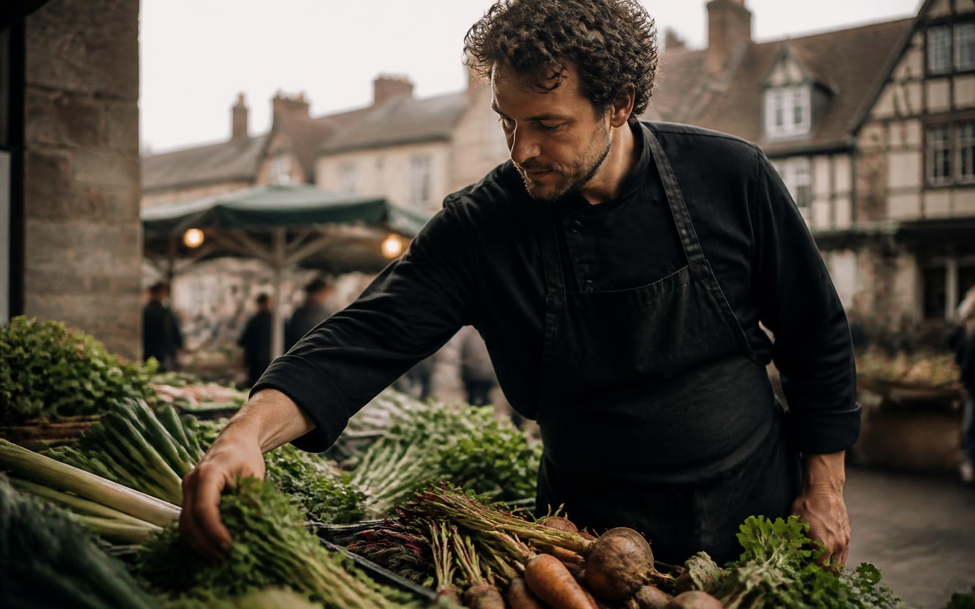 Sous Chef — operating picture — Private chef selecting vegetables and herbs at an early morning British market stall