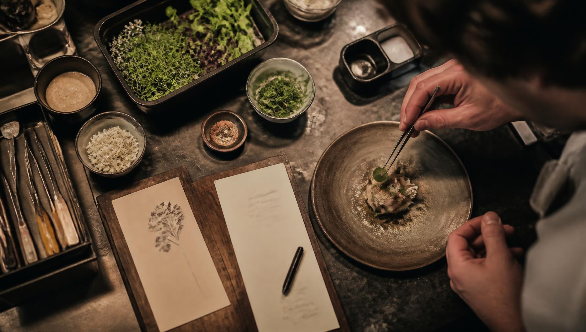 A brigade, booked and plated — Overhead view of a chef's mise en place bench with herbs, tweezers, menu card and a plated garnish