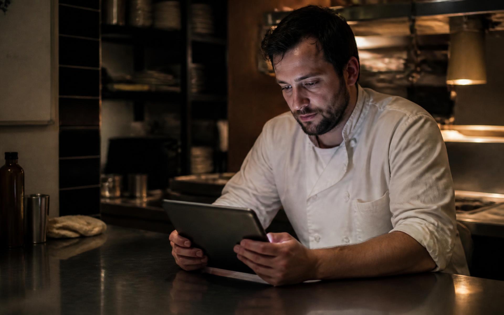 Secure payments, either side of the pass — Chef reviewing a payout and schedule ledger on a tablet in a quiet kitchen after service