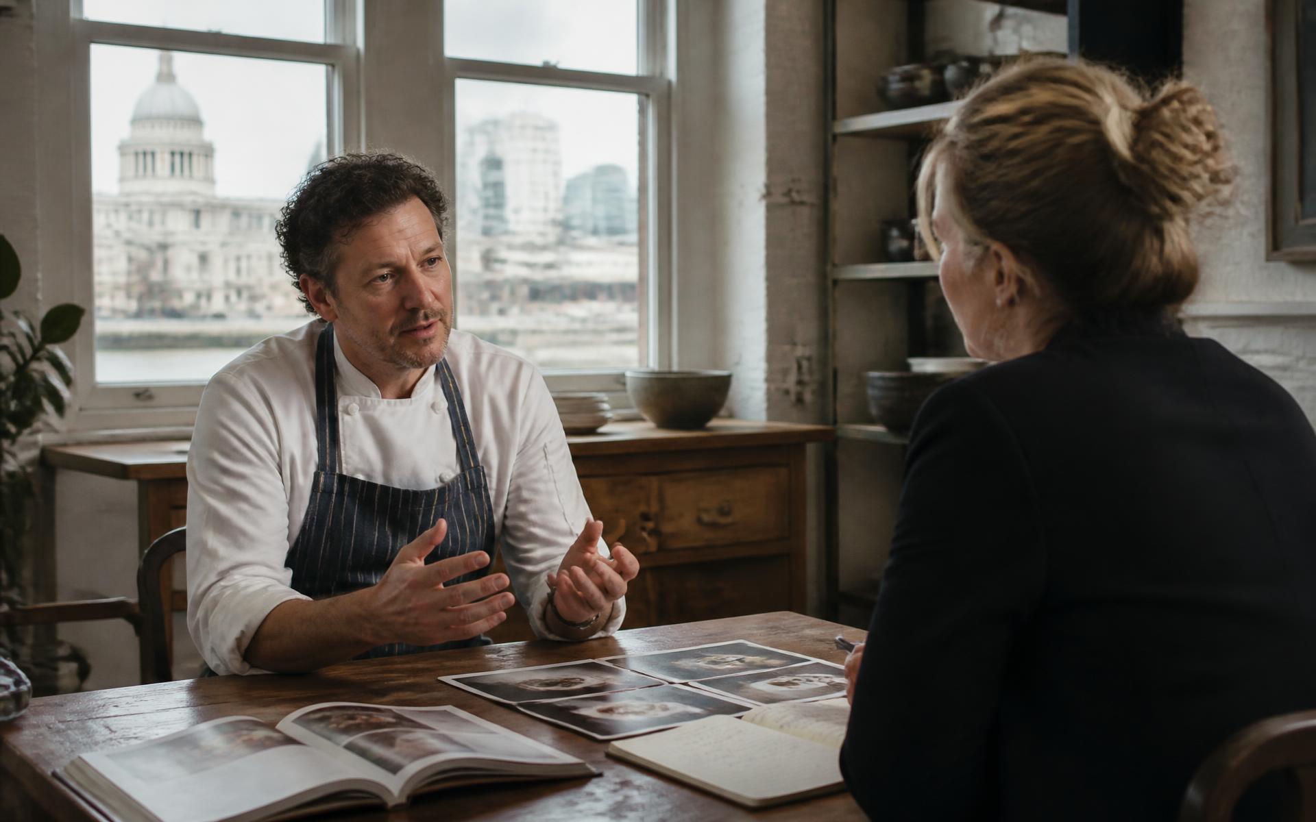 Vetted supply, not a directory — Private chef being interviewed with a portfolio and reference notes in a London studio
