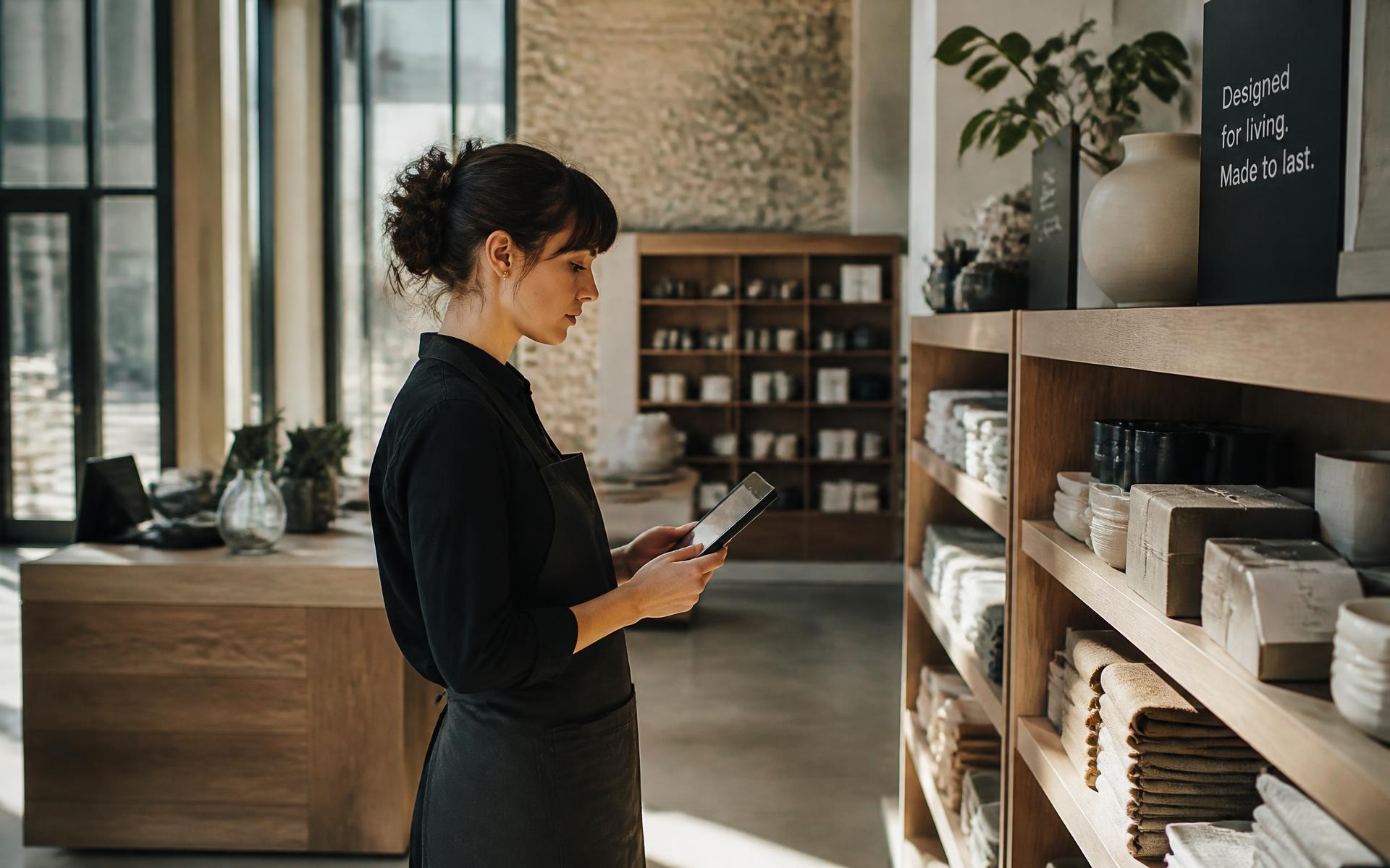 Hartfield Home: Multi-location retailer unifies online and in-store experience — Home goods store associate checking a tablet point of sale beside synchronised shelf stock — retail project delivered for Hartfield Home in Retail & Home Goods