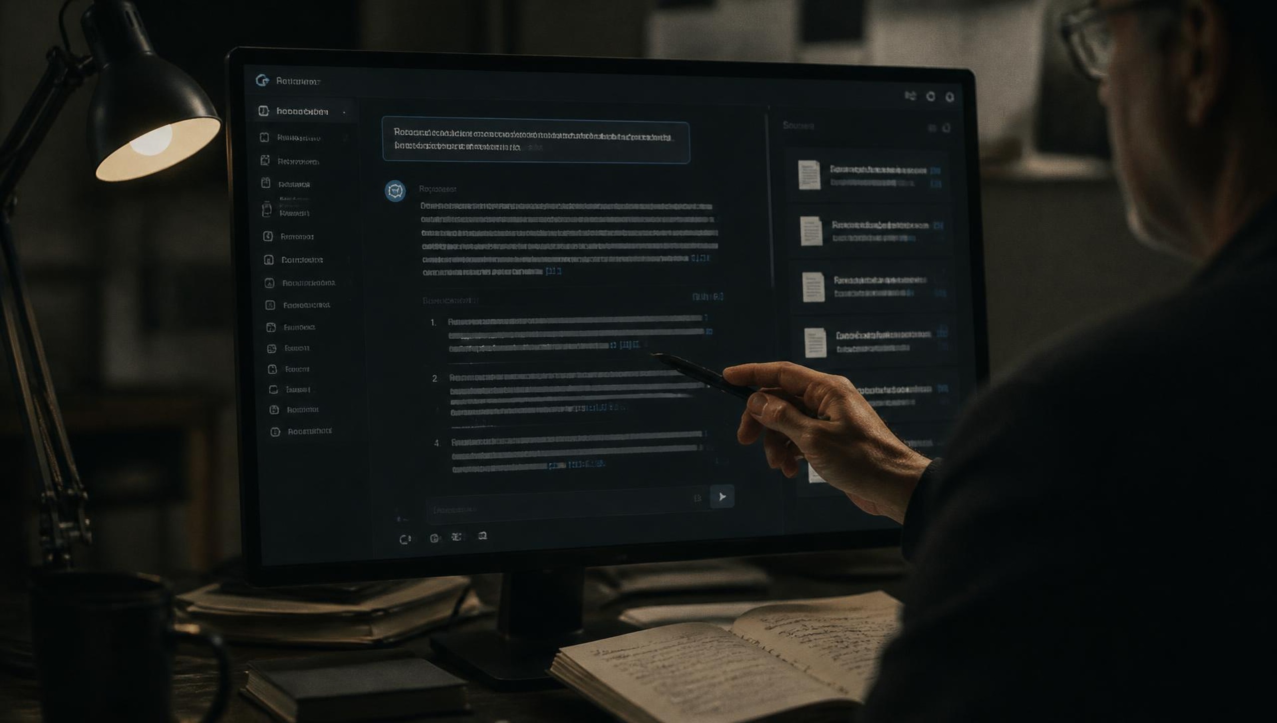 Atlas, In Practice — Analyst demonstrating an AI retrieval assistant answering with numbered citations back to source documents