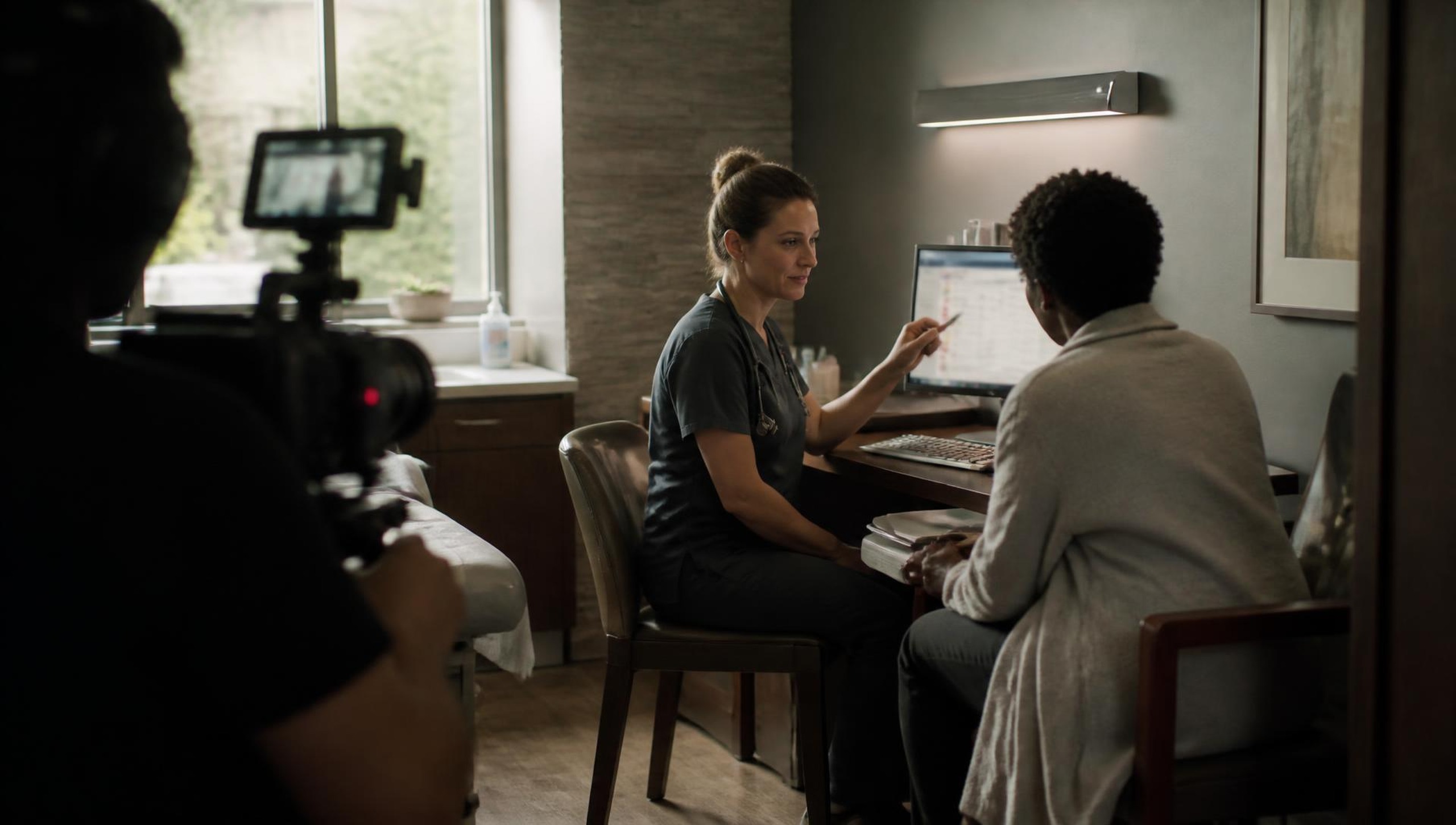 Product film shoot in a live clinic consultation room, clinician showing a patient their follow-up pathway on screen