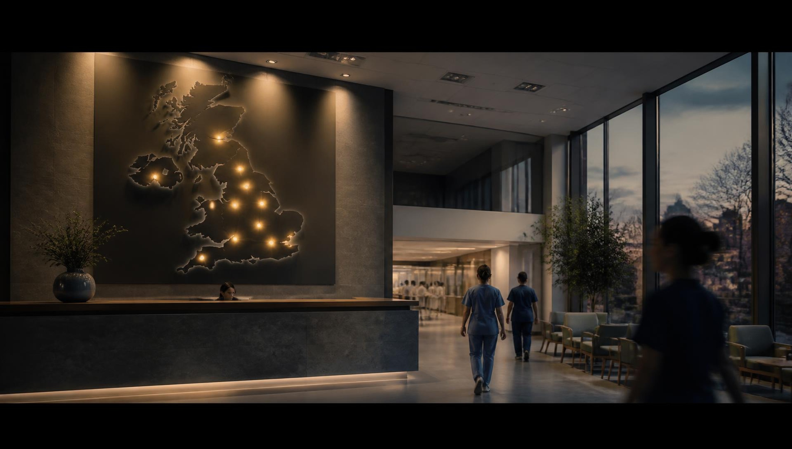 Clinic network reception at dusk with eleven site markers lit on a patient pathway map wall