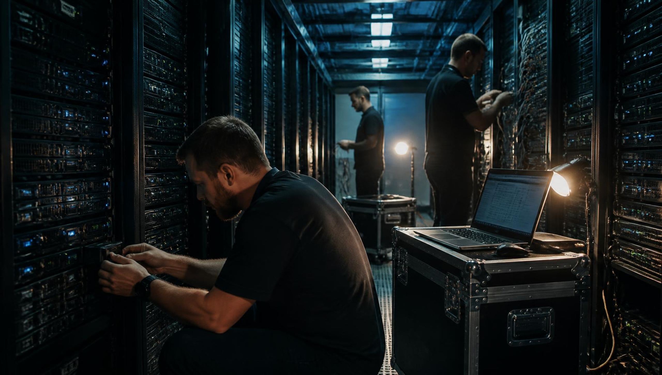 400 Terabytes, Six Weekends — Engineers migrating a media storage estate over a weekend, moving terabytes between racks in a data centre aisle