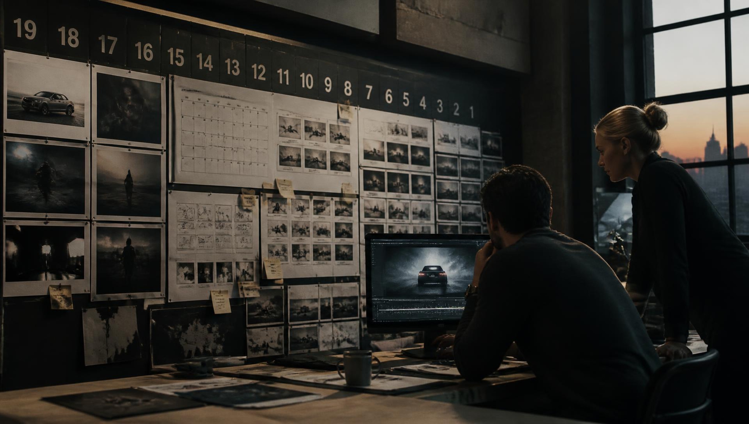 Nineteen Days — Campaign war room with a nineteen day countdown wall of key art boards while marketers review a launch cut