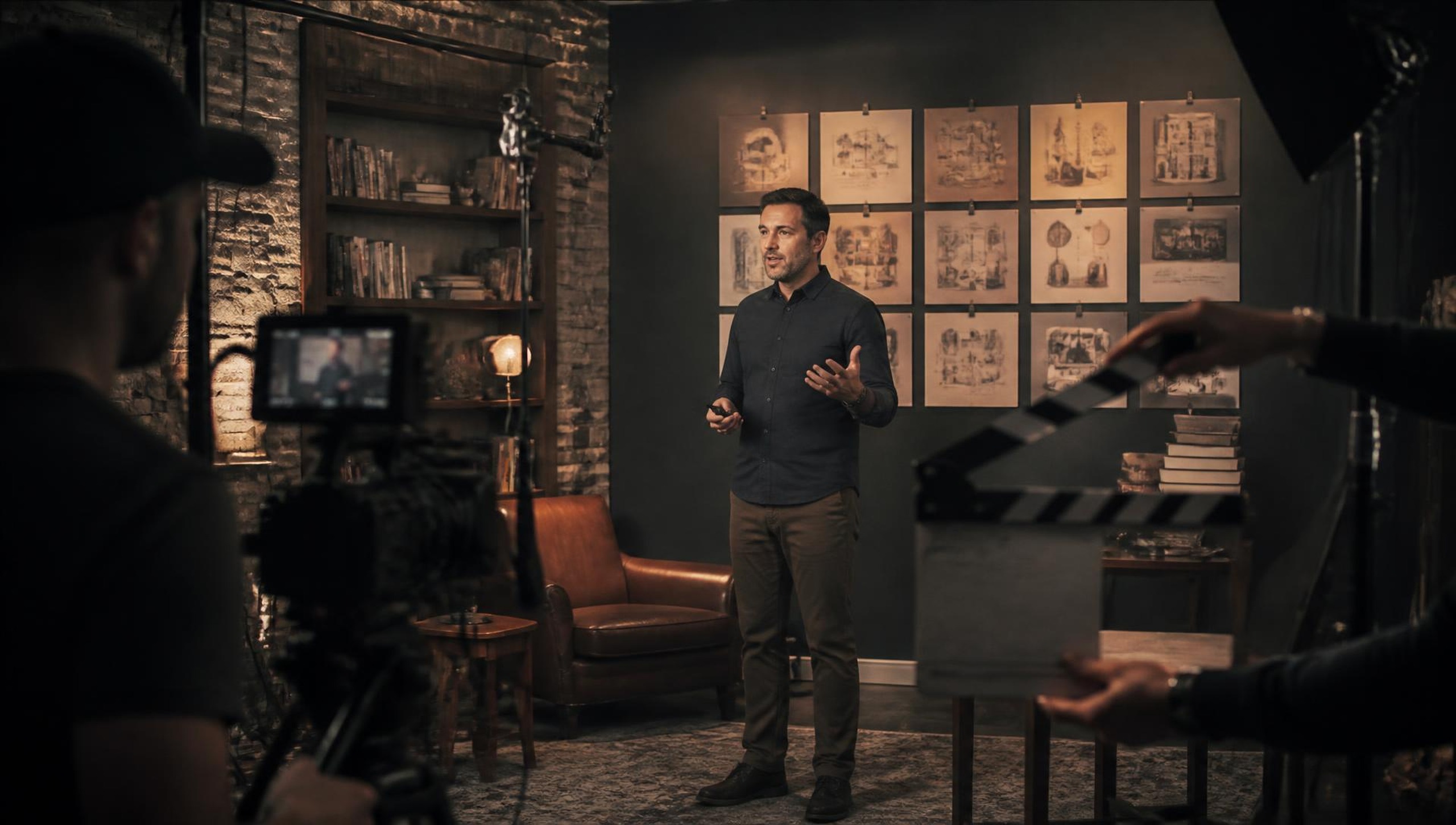 Sixty-Two Lessons — Lecturer recording a certification syllabus lesson on a teaching studio set with a clapperboard and lesson cards