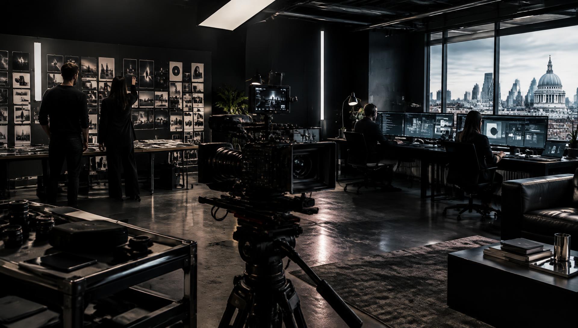 A dark creative technology studio with a cinema camera, designers at a brand board wall and engineers at monitors overlooking London