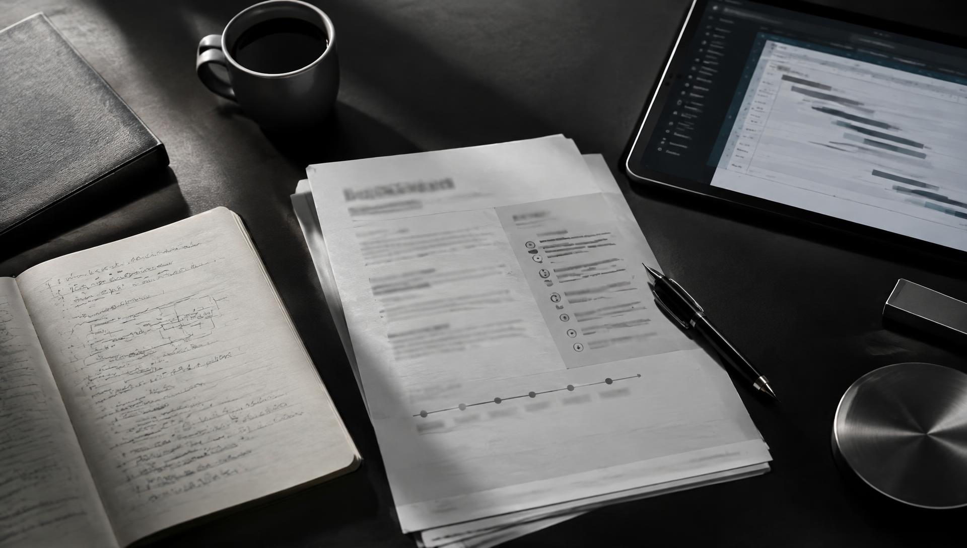 A project brief being shaped on a black desk with handwritten notes, a printed scope document, a pen and a delivery timeline on a tablet