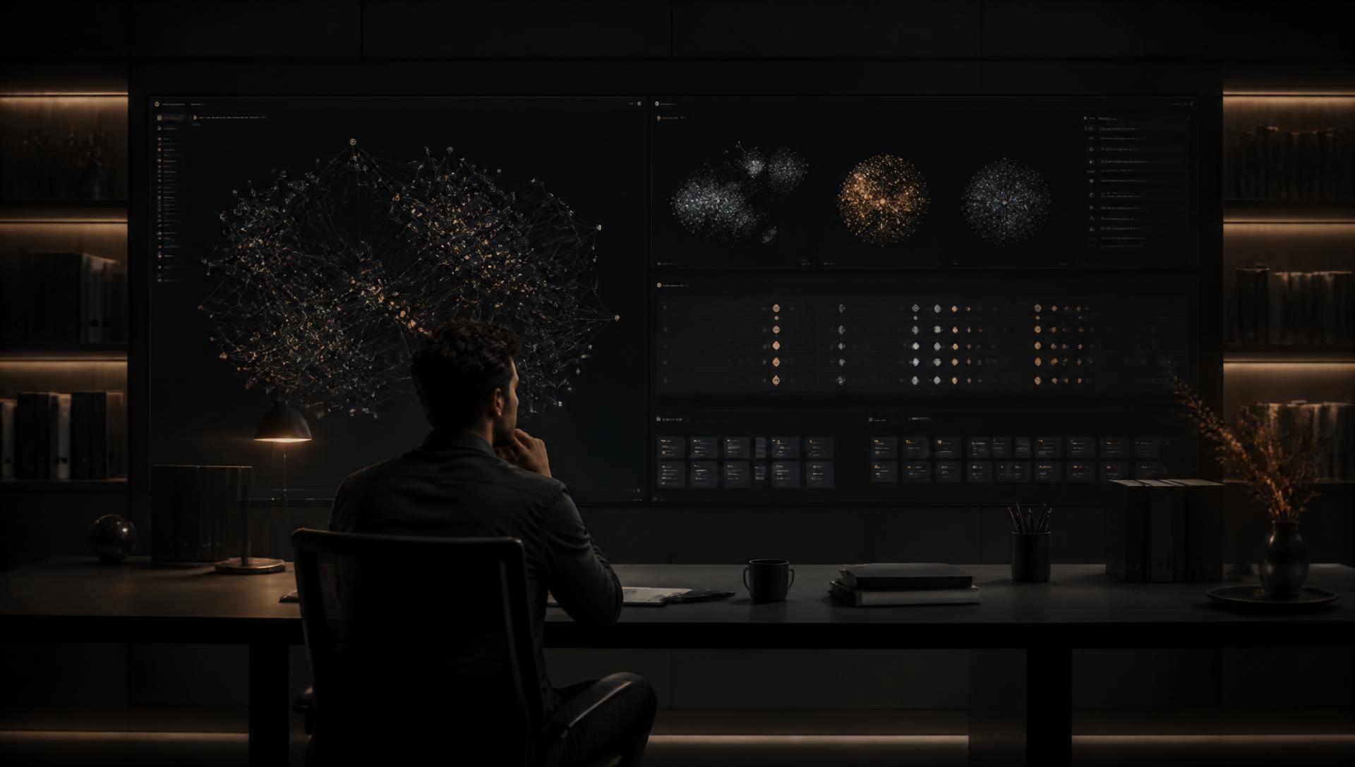 Opportunity vertical — Knowledge architect reviewing a permissions map of document clusters and access tiers on a dark screen wall