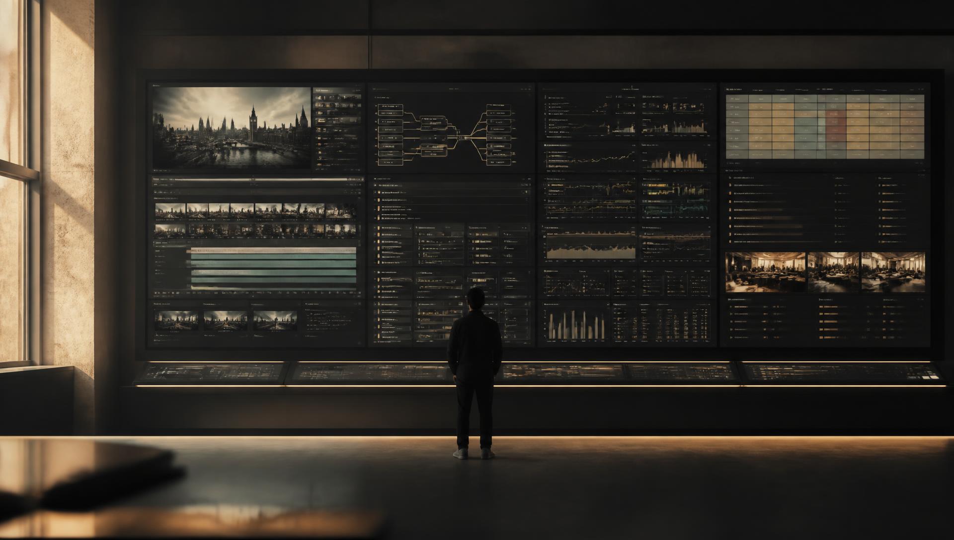 A wide operations wall inside the M3CA studio showing edit timelines, patient pathways, network telemetry and delivery pipelines running as one system, with a single person at the console