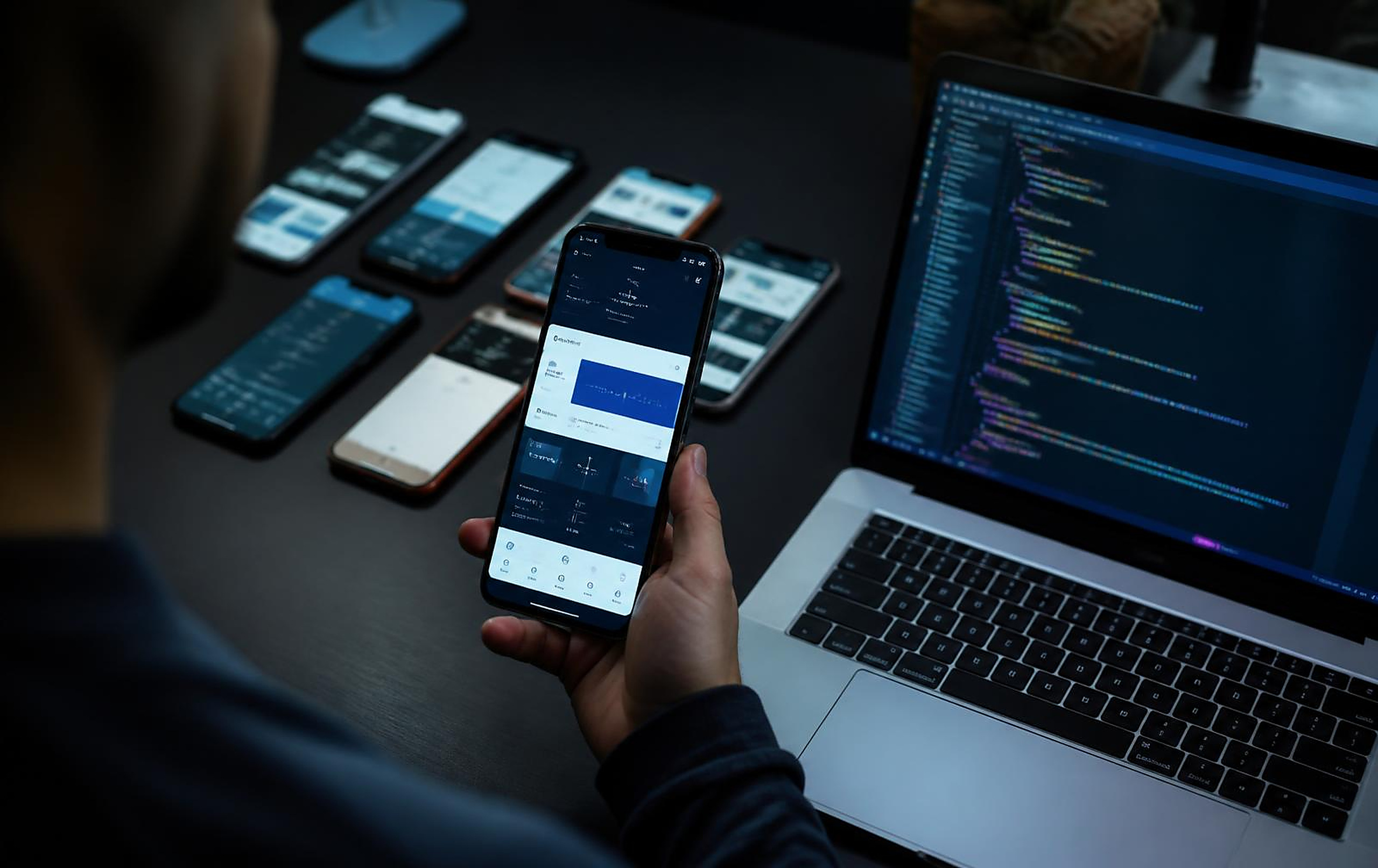Patient-facing platforms — Mobile developer testing an app build across several handsets