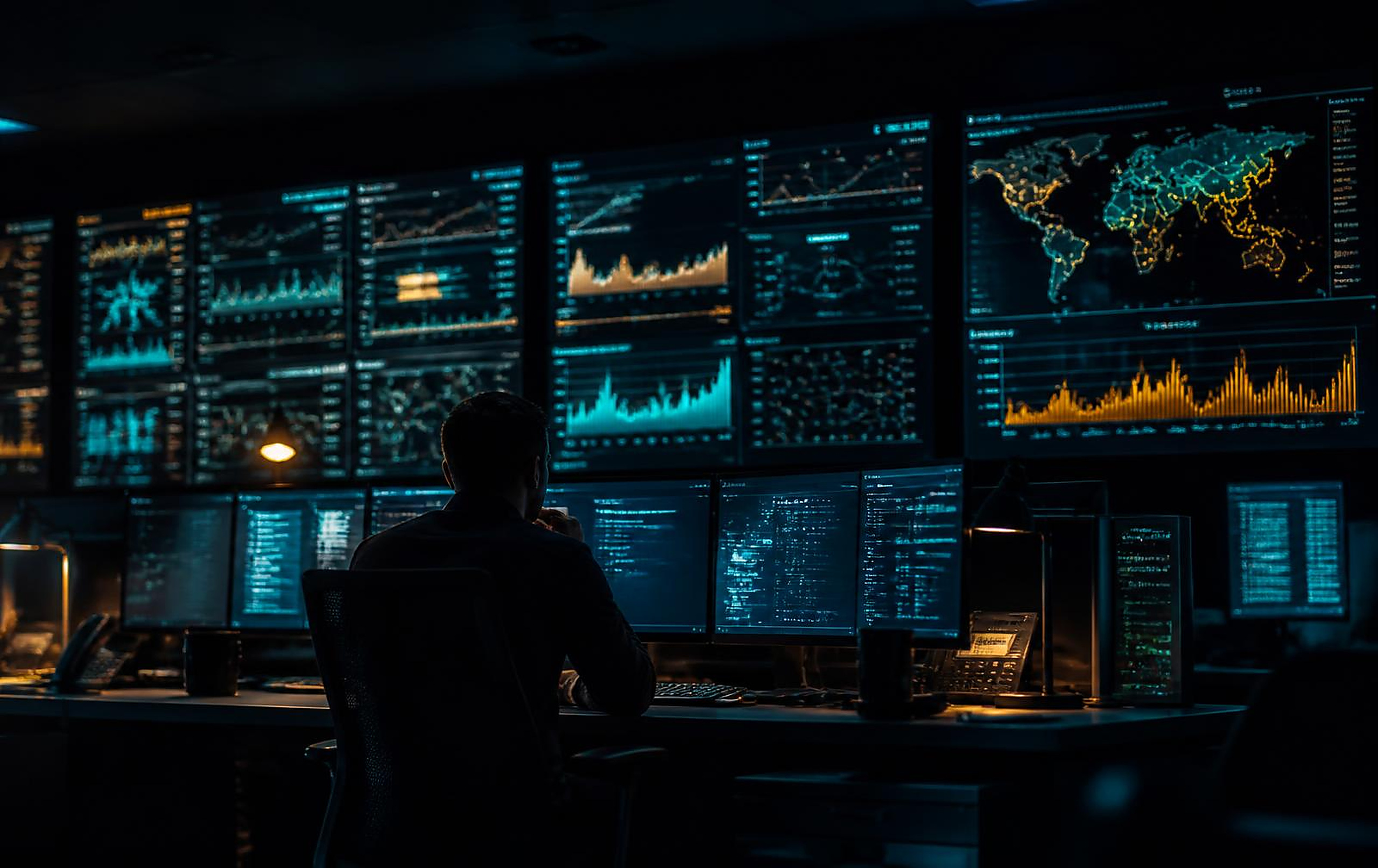 Network operations centre video wall showing service health, alerts and on-call status