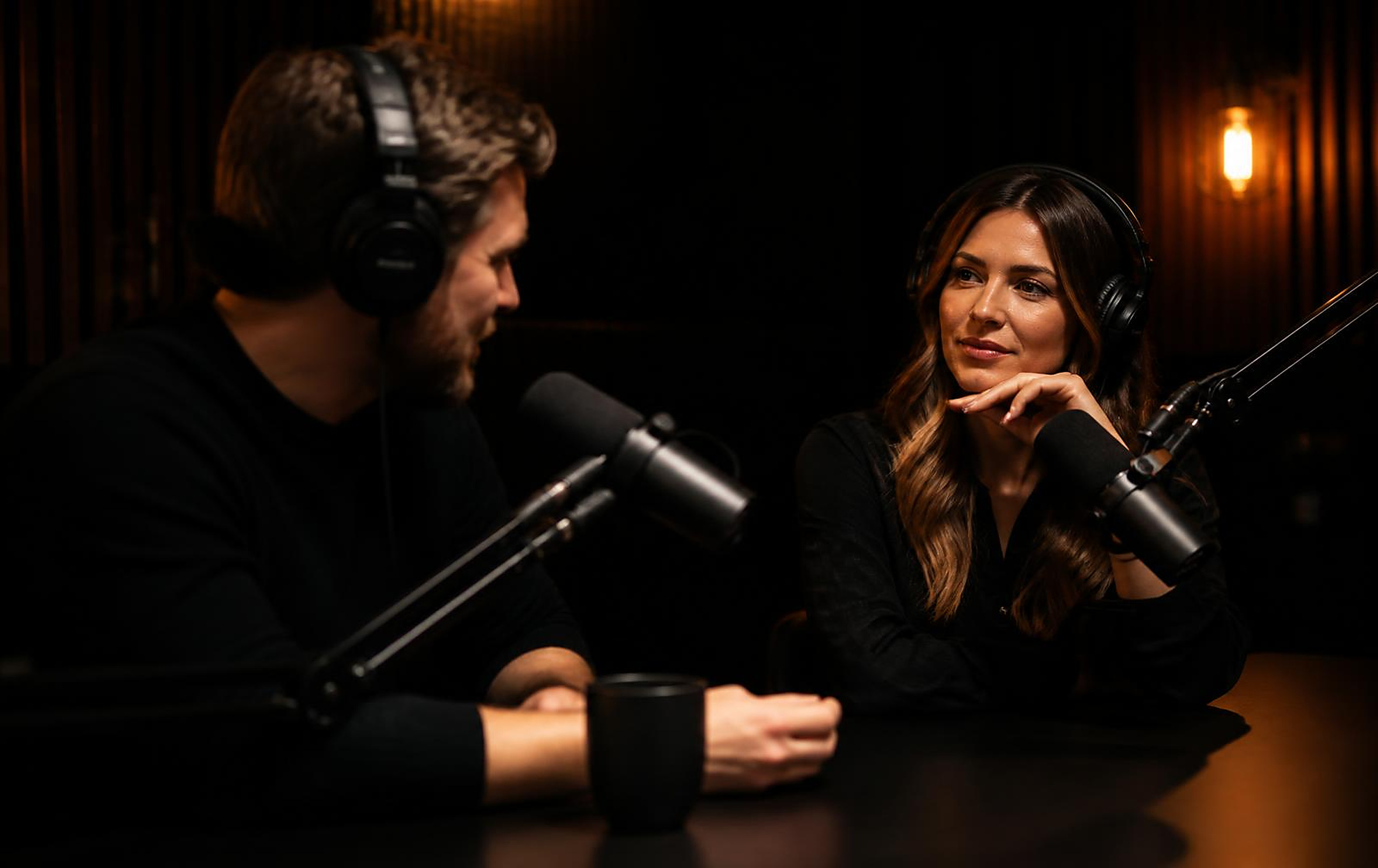 Podcast and audio — Podcast studio with hosts recording on broadcast microphones