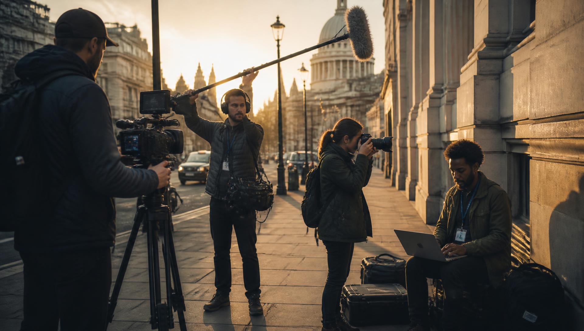 Talent vertical — Verified freelance crew loading camera, lighting and audio kit before a booked shift