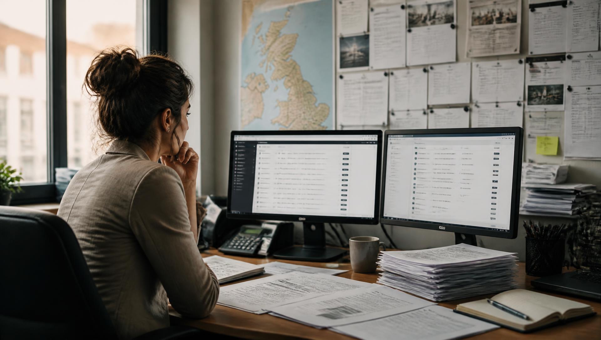 AI vertical — Bid team at a London desk reviewing government contract notices on a wall of screens with tender documents spread out
