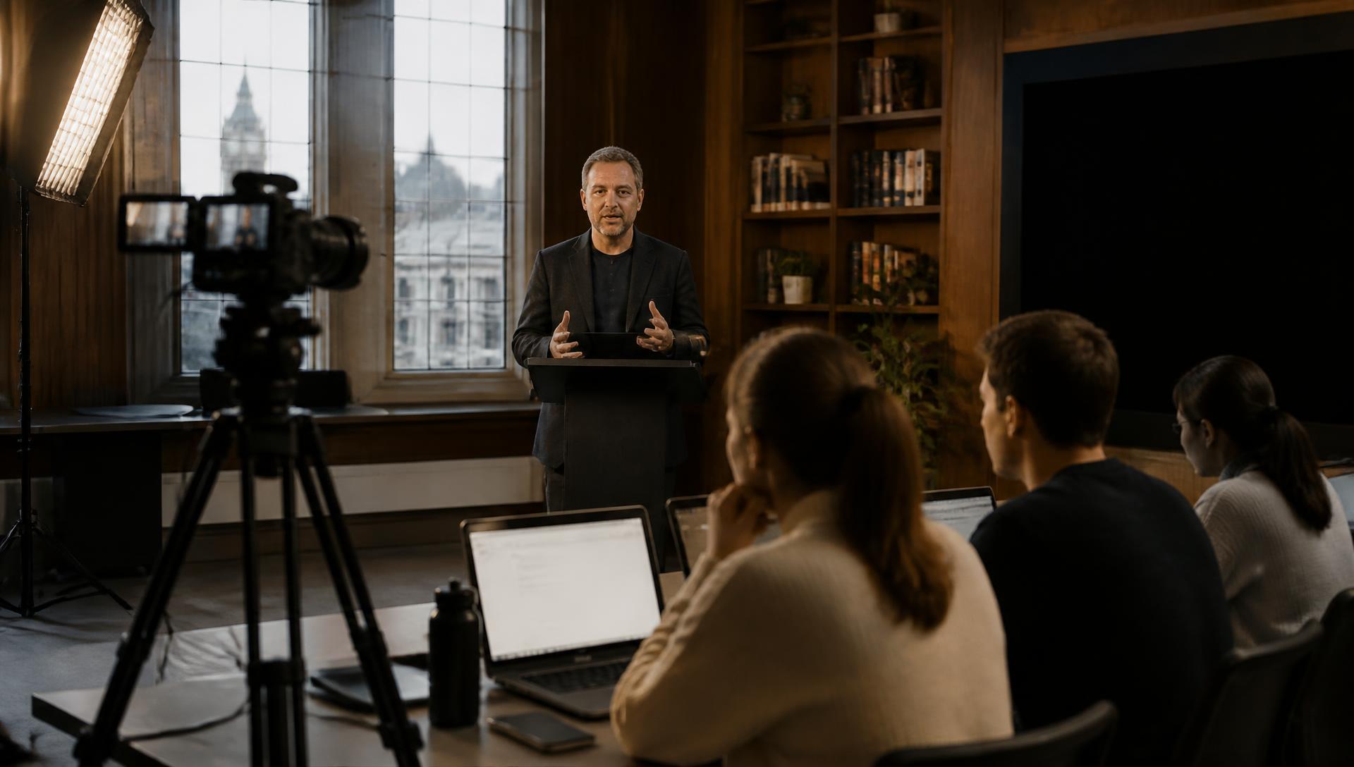 Education vertical — Learning studio with a lecturer recording a course module in front of a lit camera rig
