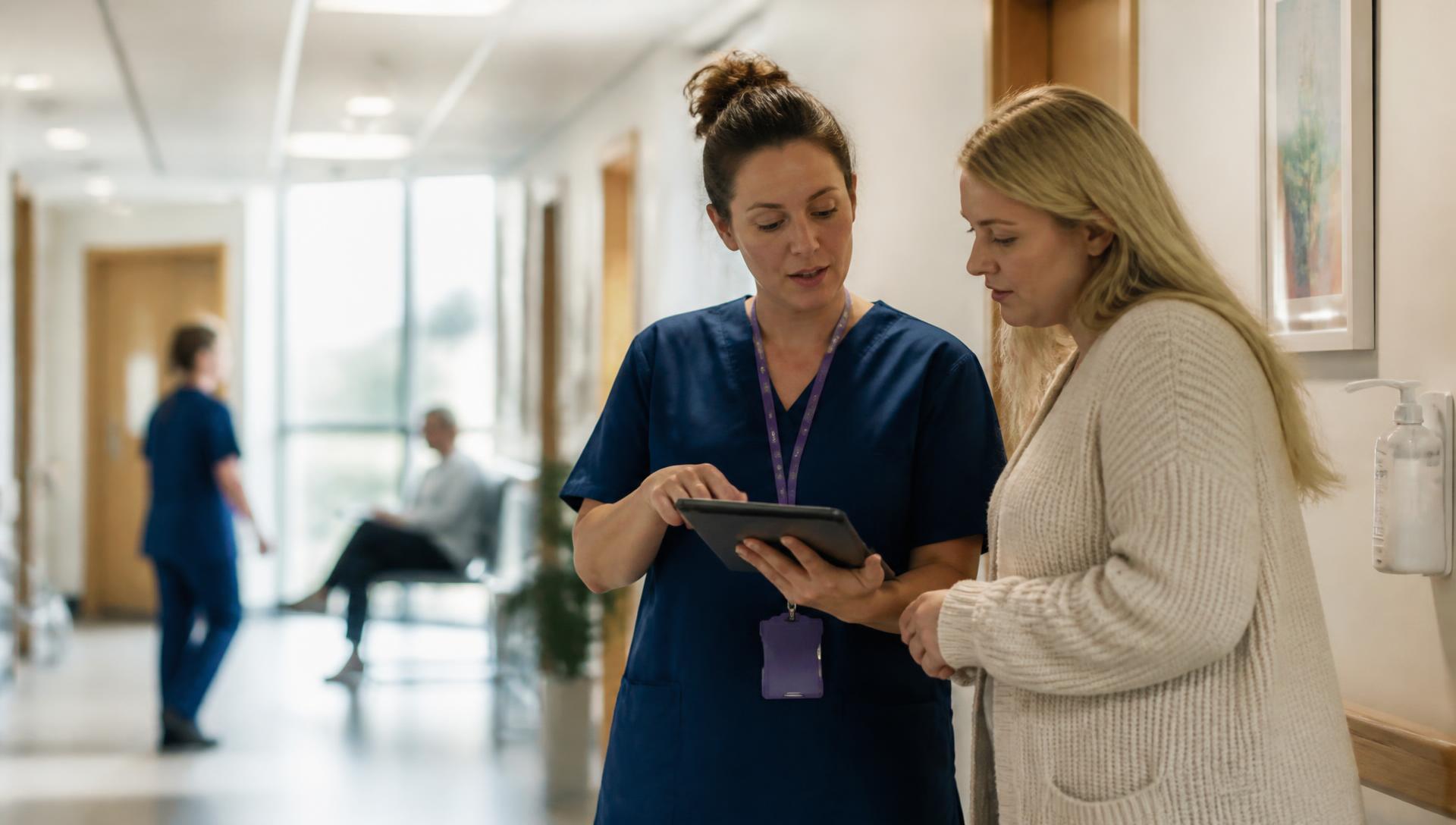 Healthcare vertical — Clinician walking a hospital corridor beside a projected patient pathway diagram