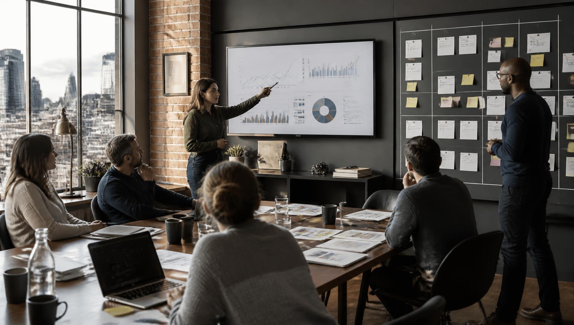 Marketing vertical — Marketing team reviewing campaign performance dashboards and pinned ad creatives in a studio
